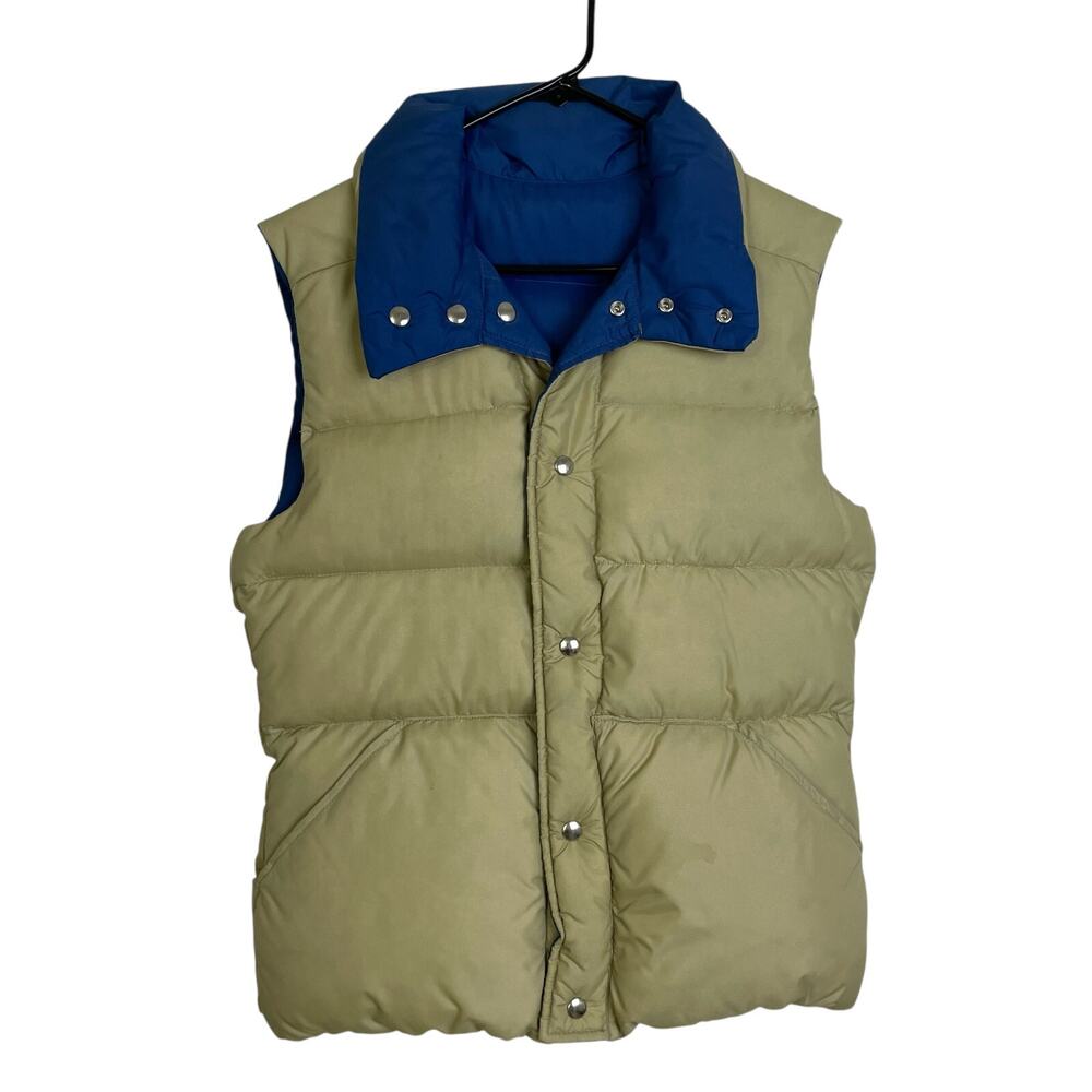 Vintage Comfy Goose Down Vest Medium Mens Blue Beige Reversible Snap Outdoor USA